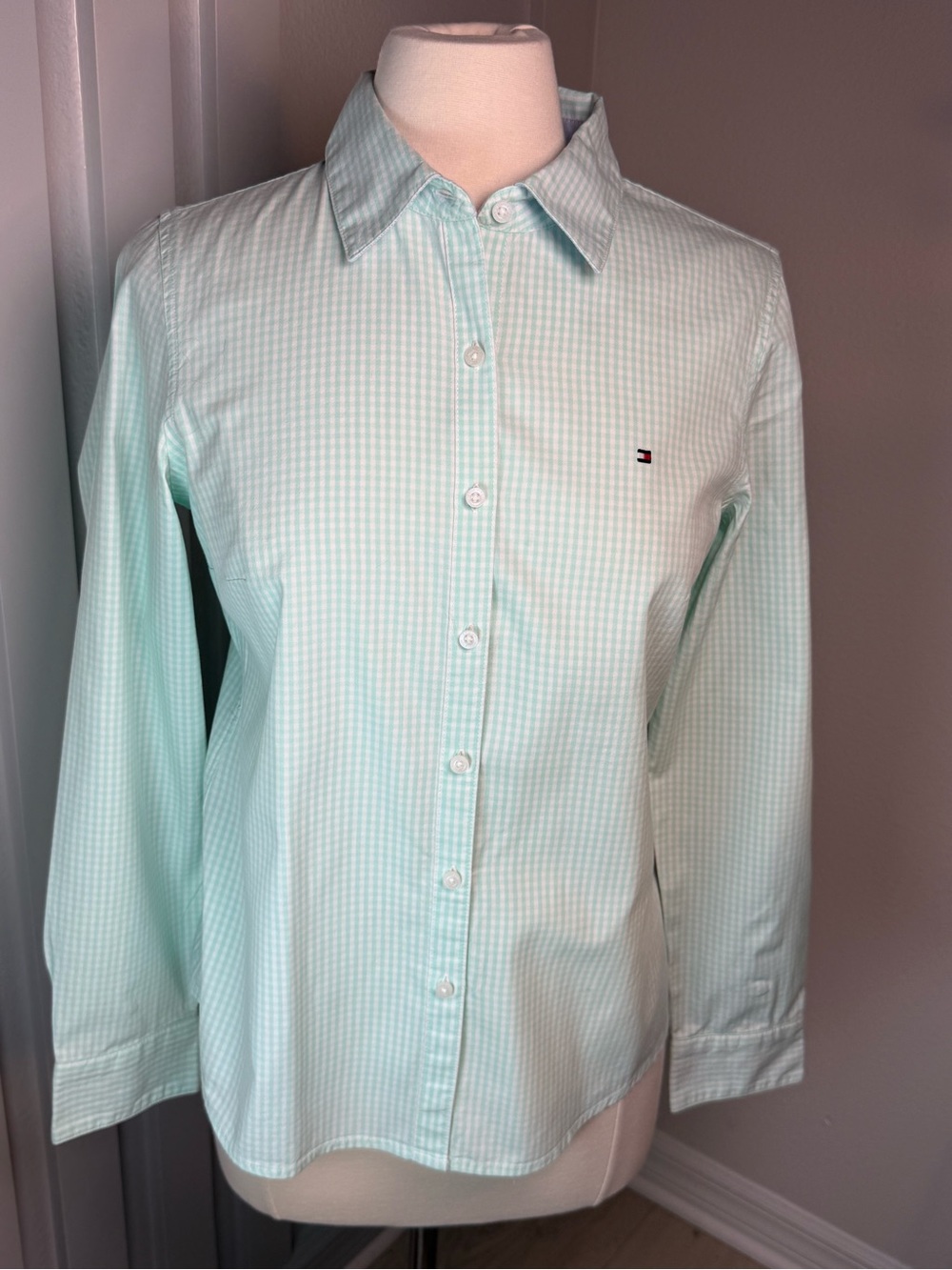 Tommy Hilfiger Mint Gingham Button Down Shirt Cotton Long Sleeve Women’s M - Picture 2 of 11